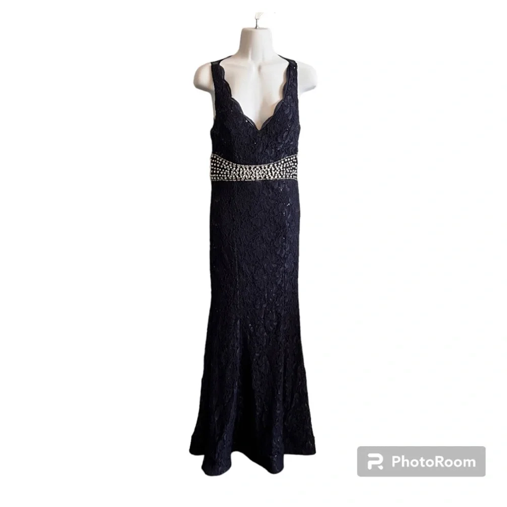 My Michelle 3 Navy Embellished Lace Long Prom Mermaid Dress